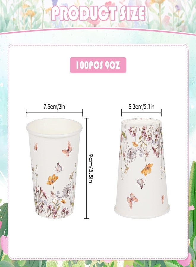AimFun 100Pcs Fall Wildflower Paper Cups Watercolor Floral Party Cups 9oz Rustic Botanical Butterflies Disposable Coffee Cups for Spring Summer Birthday Bridal Baby Shower Tea Party Supplies - Image 2